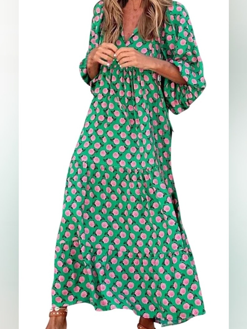 Cottagecore Style Ruffle Green Dress With Pink Roses Size Medium Romantic Maxi